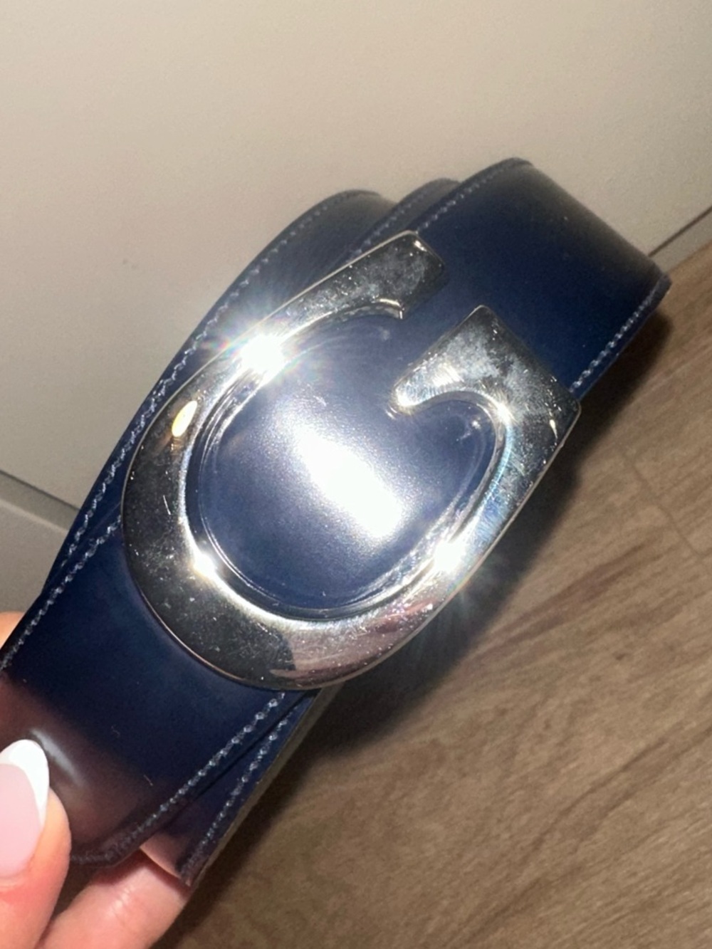 Gucci Navy Blue 80’s Vintage Leather Belt with Silver 'G' Buckle 80-32